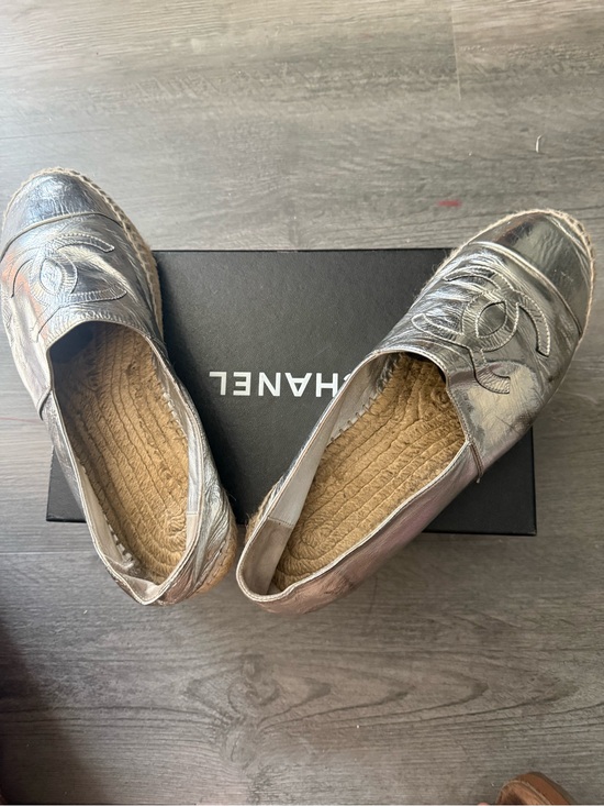 CHANEL Shoes - CHANEL Metallic Silver Espadrille Flats with CC Logo